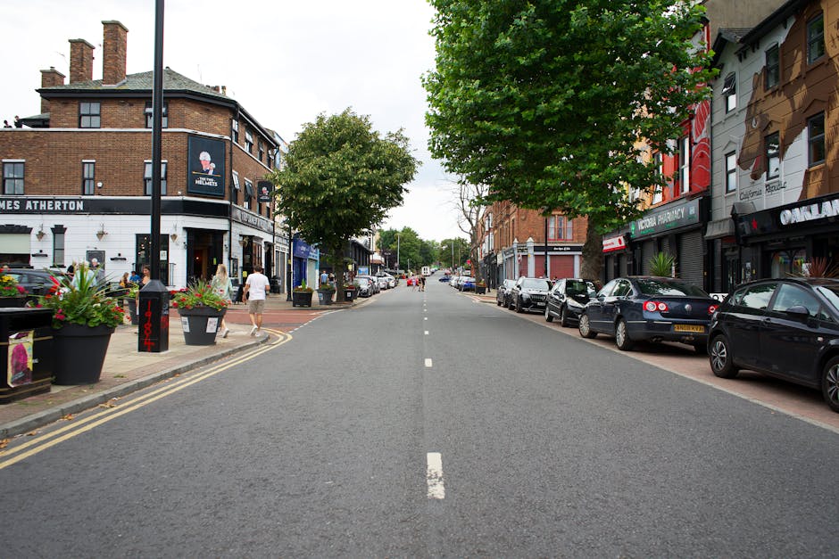 A view of a quiet urban street with parked cars lining both sides of the road. On the left, there is a white building with black signage, featuring outdoor flower pots with lush greenery and flowers placed along the sidewalk. Several pedestrians are walking on the pavement, and a man in a white shirt is visible near the building entrance. On the right, multi-story buildings with various storefronts, including a pharmacy, display large windows and colorful signage. The street is shaded by a large, leafy green tree centered in the image, which extends its branches over the roadway. The road surface is asphalt with a dashed white line running down the middle, and the scene is illuminated by natural daylight, suggesting an overcast day. This setting reflects an active, accessible neighbourhood ideal for local house and office removals, with some elements indicating moving logistics, such as the availability of parking and accessible sidewalks, relevant to professional furniture transport and packing and moving services by companies like Man with Van Highbury.